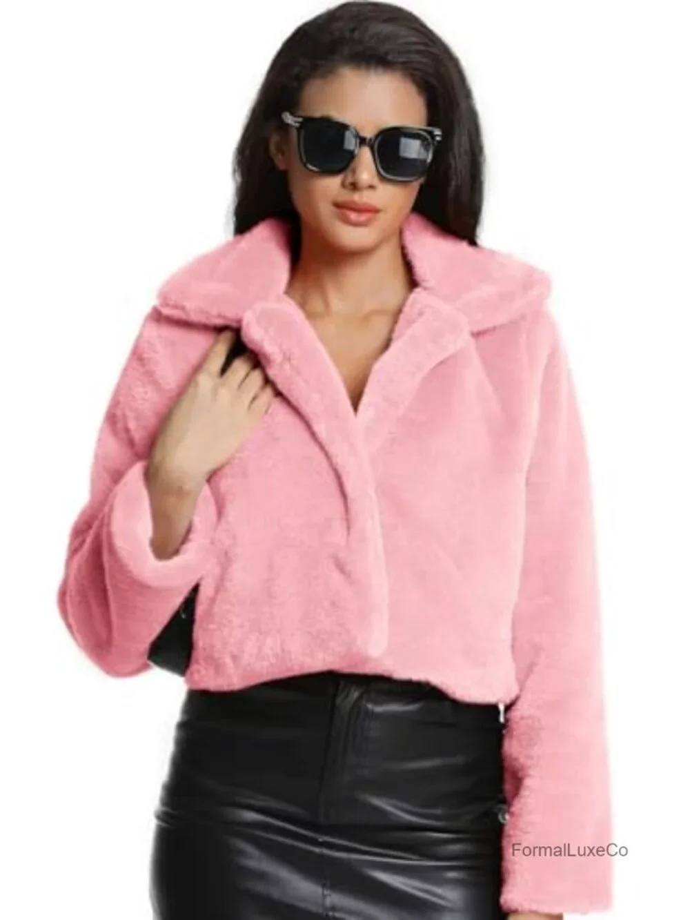 Cropped Faux Fur Jacket with Hidden Pockets and Shawl Collar Cardigan